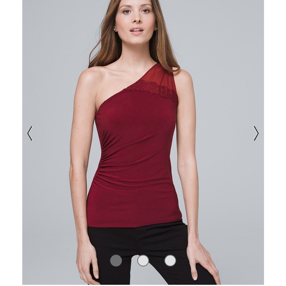 White House Black Market One-Shoulder Lace Trim Tank in Burgundy
